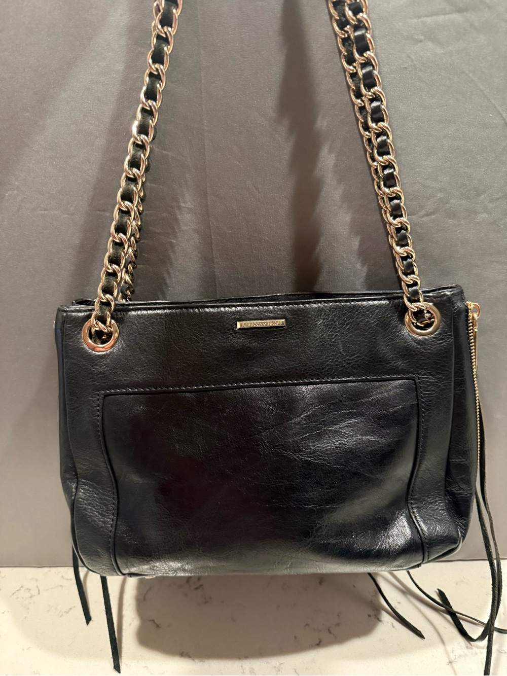 Rebecca Minkoff Black Leather Shoulder Bag with Gold Chain
